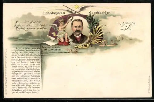 Lithographie Einheitssystem Gabelsberger, Bundesvorsitzender Dr. E. Clemens, Stenographie