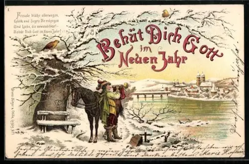Winter-Lithographie Der Trompeter von Säckingen mit Pferd, Freude blühe allerwegen, Behüt Dich Gott!