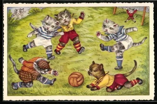 AK Katzen beim Fussballspielen, vermenschlichte Tiere