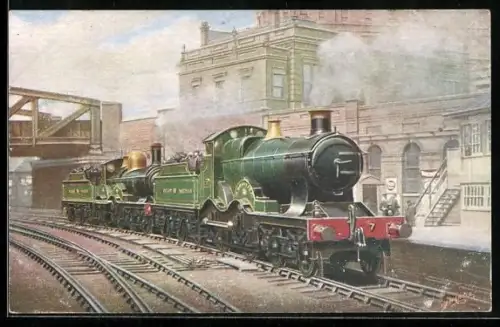 Künstler-AK englische Eisenbahn Armstrong and Gooch bei Paddington
