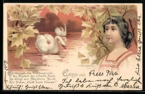 AK Portrait einer Frau, zwei Schwäne auf einem See schwimmend, im Jugendstil