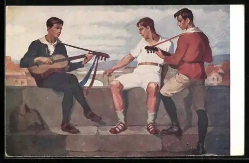 Künstler-AK Wanderer mit Gitarren