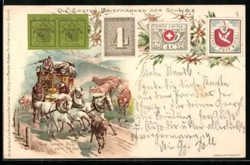 Künstler-Lithographie Koller: Die Ersten Briefmarken der Schweiz, Die letzte Post vom St. Gotthard, Postkutsche