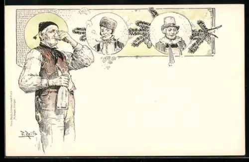 Künstler-AK Fritz Reiss: Schwarzwälder Tracht, Älterer Herr trinkt aus einem Glas