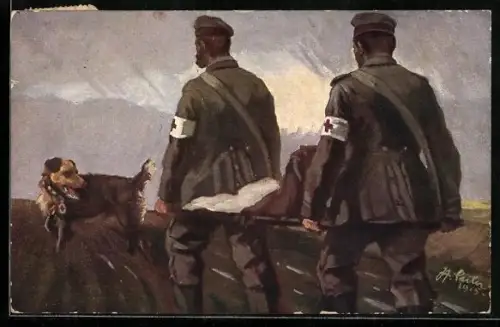 Künstler-AK Sanitätshund, Sanitäter tragen einen verletzten Soldaten mit der Trage