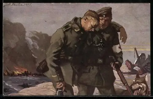 Künstler-AK Sanitätsführer und Sanitätshund geleiten einen Verwundeten