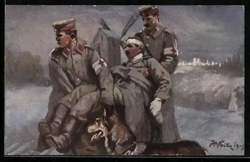 Künstler-AK Sanitätshund geht neben zwei Sanitätern die einen verwundeten Soldaten tragen