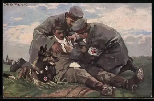 AK Der vom Sanitätshund aufgestöberte Verwundete wird vom Führer des Hundes Verbunden