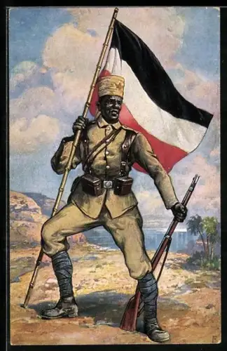AK Deutsche Kolonie Ostafrika, Askari mit Gewehr und deutscher Nationalflagge