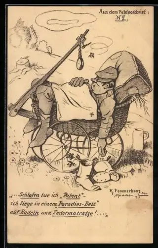 Künstler-AK Karl Pommerhanz: Soldat in Uniform schläft im Kinderwagen