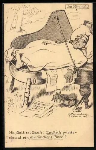 Künstler-AK K. Pommerhanz: Im Himmel, Soldat schläft auf Flügel