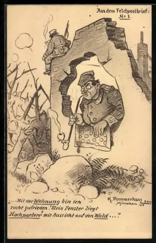 Künstler-AK Karl Pommerhanz: Aus dem Feldpostbrief, Mit der Wohnung bin ich recht zufrieden..., Soldat in einer Ruine