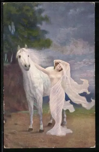 AK Windsbraut, halbnackte Frau mit ihrem Schimmel