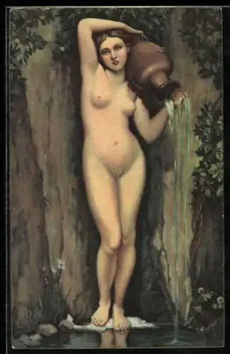 Künstler-AK Stengel & Co. Nr. 29202: Nackte Frau schüttet Wasserkrug aus, Die Quelle