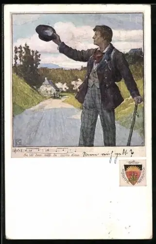 Künstler-AK Karl Friedrich Gsur, Deutscher Schulverein Nr. 457: Wanderer nimmt Abschied von seiner Heimat