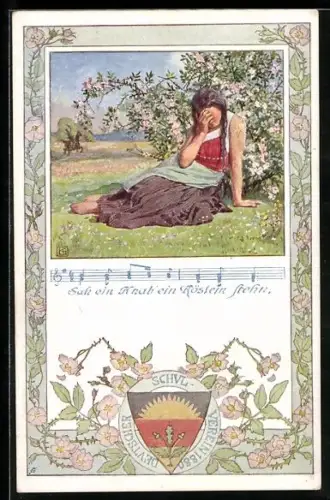 Künstler-AK Karl Friedrich Gsur: Deutscher Schulverein NR 92a: Sah ein Knab ein Röslein stehn, Mädchen an einem Busch