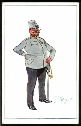 Künstler-AK Fritz Schönpflug: korpulenter Soldat in Uniform mit Abzeichen