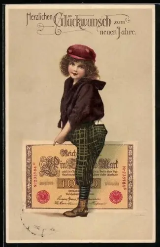 AK Neujahrsgruss, Mädchen in Hosen mit Geldschein