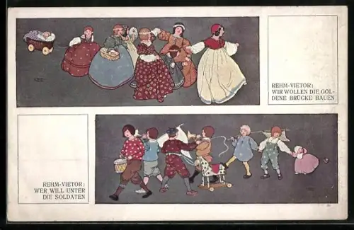 Künstler-AK sign. E. Rehm-Dietor: Mädchen und Buben in Tracht mit Spielzeug beim Tanzen