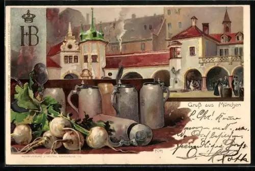Künstler-AK Heinrich Kley: Münchner Hofbräuhaus, davor Stilleben mit Masskrug und Radi