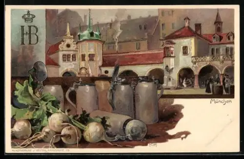 Künstler-AK Heinrich Kley: Münchner Hofbräuhaus, davor Stilleben mit Masskrug und Radi