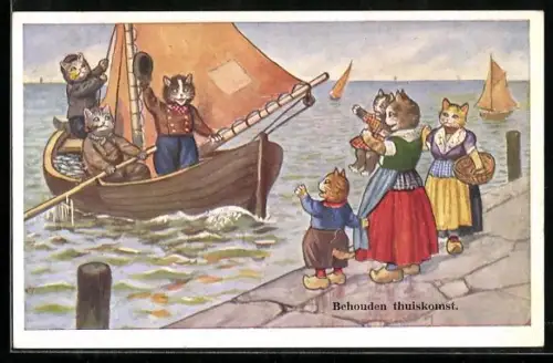 AK Katzenfrauen und -kinder begrüssen zurückkehrende Fischer