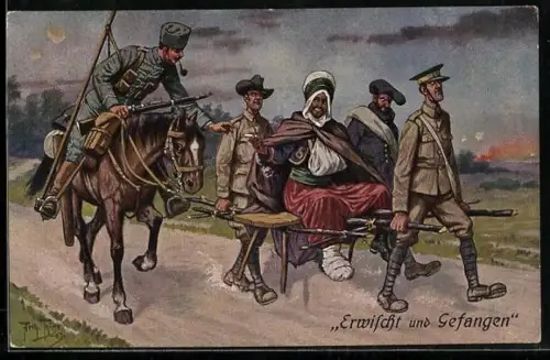 Künstler-AK Arthur Thiele: Erwischt und Gefangen, Soldaten mit dem verwundeten Turko