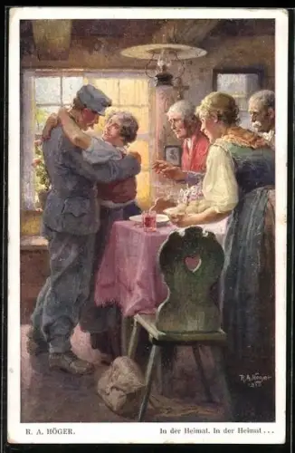 Künstler-AK Rudolf Alfred Höger: Familie begrüsst den heimkehrenden Soldaten