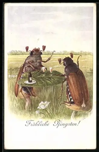 AK Zwei Maikäfer trinken Sekt, Pfingstgruss