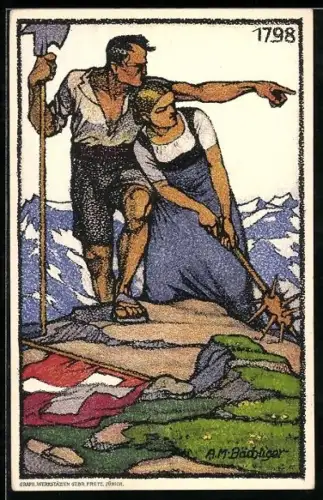 Künstler-AK Schweizer Bundesfeier 1913, Bauerpaar auf einem Berggipfel