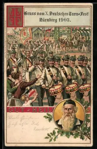 Lithographie Nürnberg, X. Deutsches Turnfest 1903, Turnerparade, Portrait Turnvater Jahn