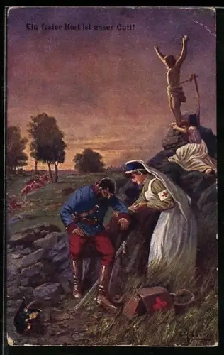 AK Krankenschwester versorgt verwundeten Soldaten, Rotes Kreuz