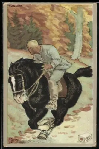 Künstler-AK W.Georgi: Mann auf Pferd reitet vor Feinden davon, Reklame für Leibniz - Kekse