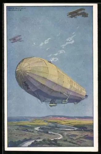 Künstler-AK Hans Rudolf Schulze: Luftschiff Hansa im Kampf mit feindlichen Flugzeugen