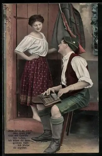AK Zitherspieler in Tracht und Maid