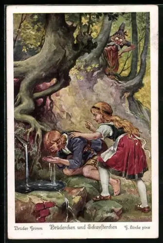 Künstler-AK sign. G. Hinke: Brüder Grimm - Brüderchen und Schwesterchen