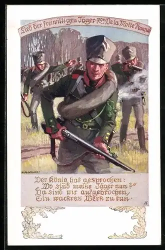 Künstler-AK Karl Alex Wilke: Lied der freiwilligen Jäger, Soldaten in Uniformen mit Gewehren
