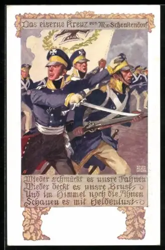 Künstler-AK Karl Alex Wilke: Landwehrsoldaten in Uniform stürmen gegen den Feind, Schenkendorf: Das eiserne Kreuz