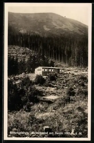 AK Melzergrundbaude, Partie am Melzergrund mit der Baude