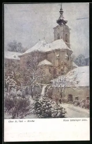 Künstler-AK Wien-Ober St. Veit, Kirche im Winter