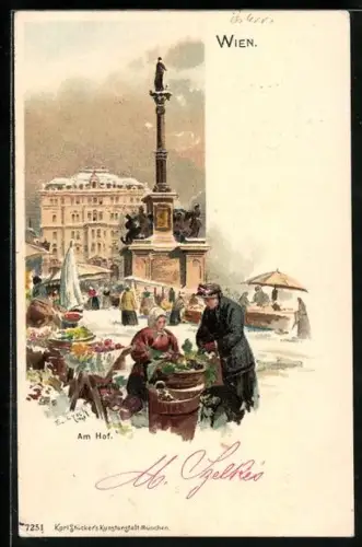 Künstler-AK Emil Czech: Wien I, Am Hof, Reges Markttreiben