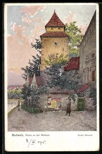 Künstler-AK sign.Gustav Brauner: Budweis / Ceske Budejovice, Partie an der Maltsch