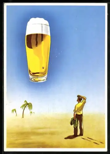 AK Bier macht den Durst erst schön, Mann in der Wüste sieht am Horizont Bierglas