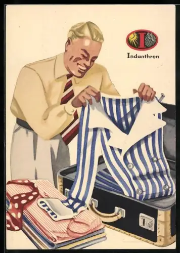 AK Reklame für Kleidung von Indanthren mit einem begeisterten Mann