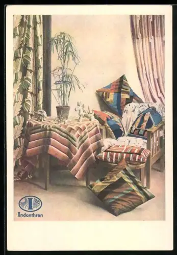 Künstler-AK Indanthren, Sitzecke mit Kissen