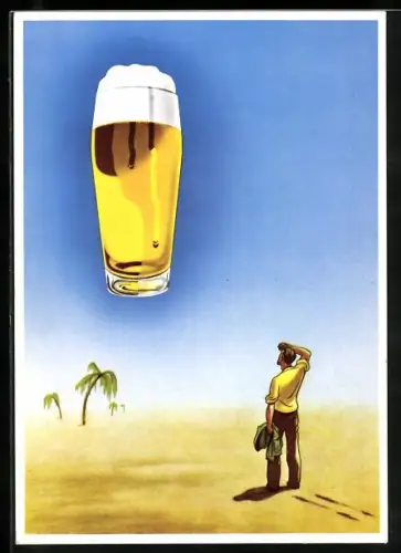 AK Bier macht den Durst erst schön, Mann in der Wüste sieht am Horizont Bierglas