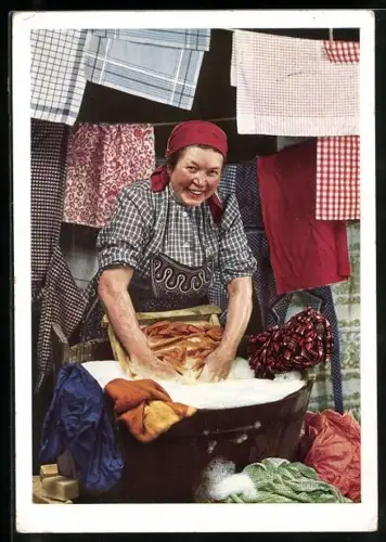 AK Reklame für Indanthren Wäschefarbe, Waschfrau bei der Arbeit