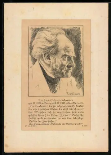 AK Portrait von Philosoph Arthur Schopenhauer im Profil mit einem Zitat aus Gespräche und Selbstgespräche