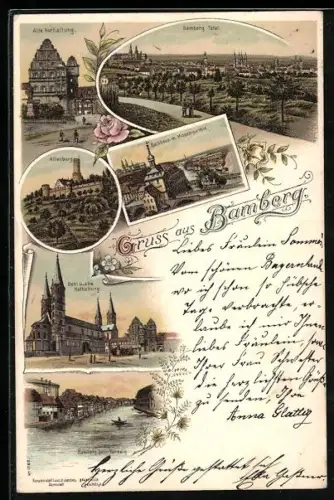 Lithographie Bamberg, Altenbzrg, Dom, Rathaus, Klein Venedig