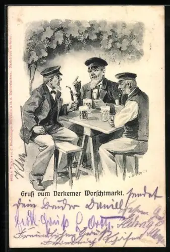 Künstler-AK Bad Dürkheim, Derkemer Worschtmarkt, Drei Männer mit Bier an einem Tisch